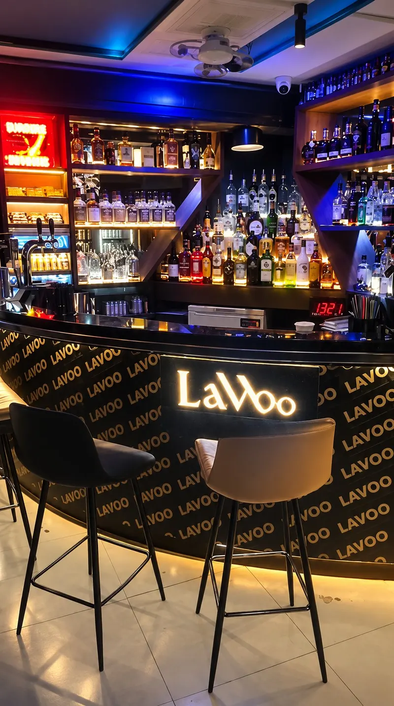 Curved bar counter with the lit Lavoo sign and backlit bottle shelves